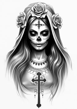 Tattoo template of a Day of the Dead woman with roses and a rosary