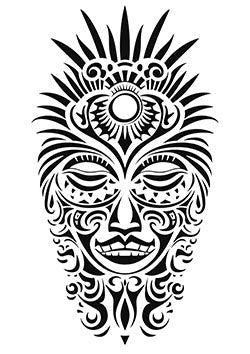 Tattoo template of a stylized tribal sun mask with a smiling expression