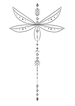 Tattoo template of a delicate dragonfly with cosmic patterns and intricate dots and lines evoking ethereal beauty.