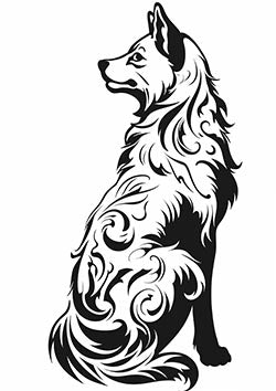 Tattoo template of a stylized dog with tribal-inspired swirls