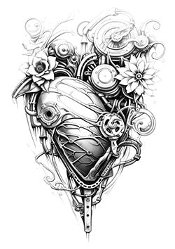 Tattoo template of a mechanical heart with flowers