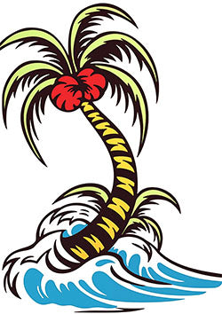 Tattoo template of a palm tree swaying over rolling waves in a tropical paradise