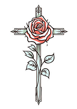 Tattoo template of a rose entwined with a cross symbolizing faith and beauty