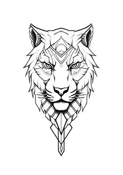 Tattoo template of a geometric patterned lion head with a calm expression