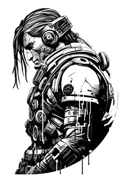 Tattoo template of a battle-worn cyborg with long hair portraying human emotion.