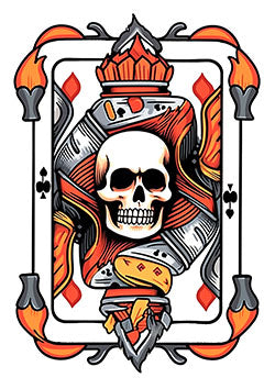 Tattoo template of a flaming skull within a playing card frame with orange and red flames