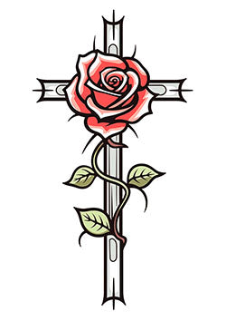 Tattoo template of a red rose entwined around a cross