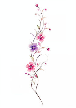 Tattoo template of a delicate vertical arrangement of pink and purple flowers with intertwining stems and leaves