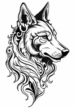 Tattoo template of a stylized wolf head with tribal patterns