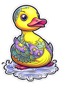 Tattoo template of a colorful duck with floral and leafy designs, resting in water.