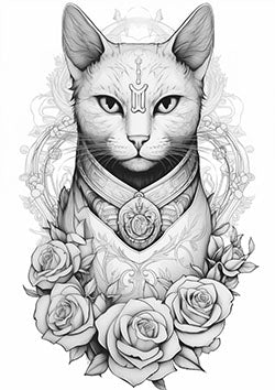 Tattoo template of a regal cat with floral motifs and an ornate collar