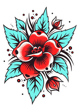 Tattoo template of a vibrant red flower with green leaves and buds