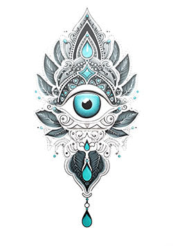 Tattoo template of a mandala with a blue eye and feathers, representing wisdom and clarity