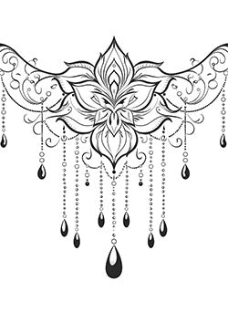 Tattoo template of an intricate lotus flower with elegant bead and drop accents