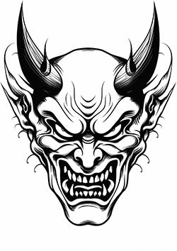 Tattoo template of a fierce horned demon face with a menacing grin