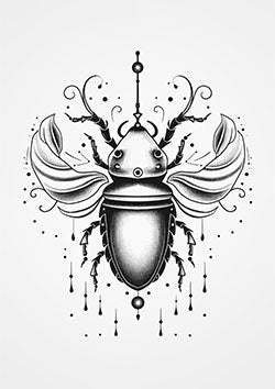 Tattoo template of a mystical beetle with ornate wings and detailed decorative elements.