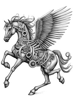 Tattoo template of a mechanical Pegasus with majestic wings in a futuristic design