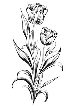 Tattoo template of a duo of tulips with detailed petals and leaves.