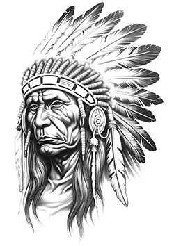 Tattoo template of a Native American chief with detailed feathered headdress, symbolizing wisdom and heritage