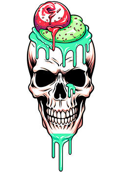 Tattoo template of a skull with colorful candy apple drips.