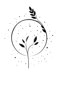 Tattoo template of a minimalist botanical design with leaves and dots.