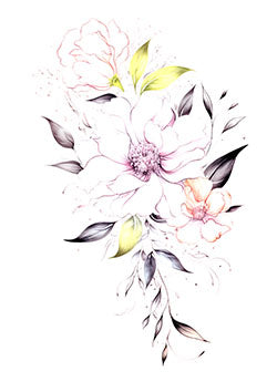 Tattoo template of a detailed floral arrangement with large flowers and leafy accents in gradient colors