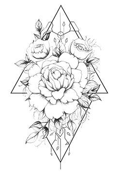 Tattoo template of a peony with geometric designs