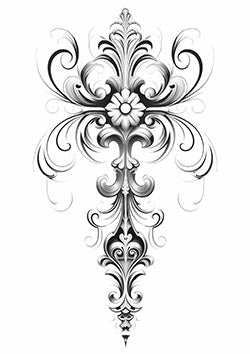 Tattoo template of a baroque-style cross with floral patterns