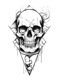 Tattoo template of a detailed skull within geometric shapes, symbolizing mortality and time.