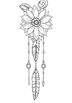 Tattoo template of a floral dreamcatcher with intricate feathers and beads