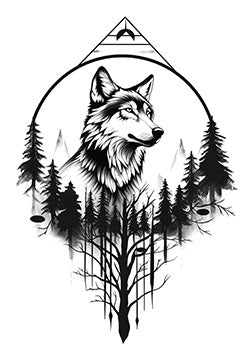 Tattoo template of a wolf amidst a mountainous forest landscape