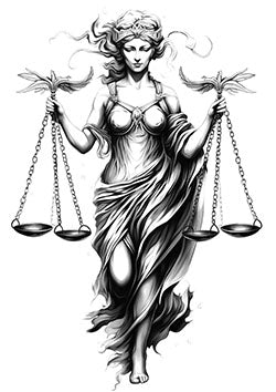 Tattoo template of a Lady Justice holding scales and sword, symbolizing balance and fairness