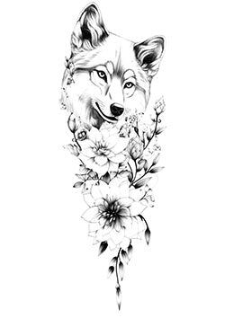 Tattoo template of a wolf with blooming flowers in black and white design