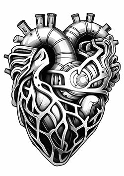 Tattoo template of a mechanical heart with gears and pipes