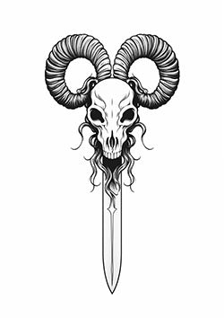 Tattoo template of a menacing ram skull with large horns on top of a detailed sword