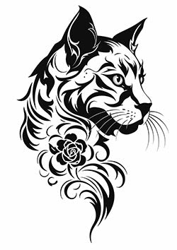 Tattoo template of a stylized cat with a rose