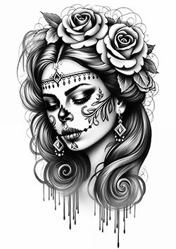 Tattoo template of a woman with Day of the Dead face paint and roses in her hair