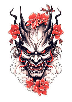 Tattoo template of a Japanese oni demon with red flowers