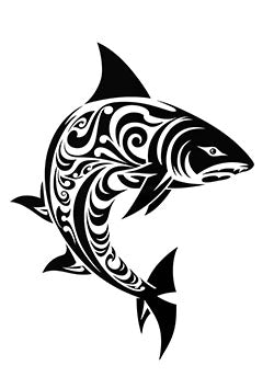 Tattoo template of a stylized tribal shark with intricate patterns