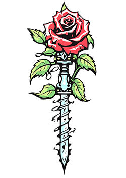 Tattoo template of a red rose and dagger combination.