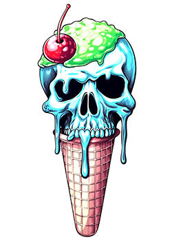 Tattoo template of a melting skull ice cream cone topped with a cherry