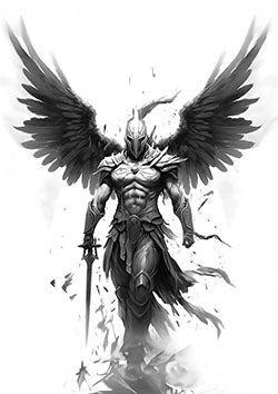 Tattoo template of an armored angel with shadowy wings holding a sword, exuding strength and protection.