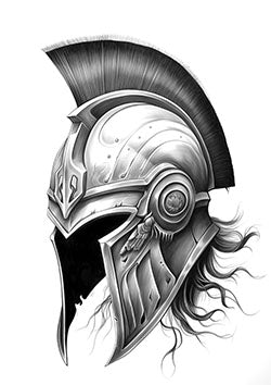 Tattoo template of a Greek Hoplite helmet with intricate designs and a plume