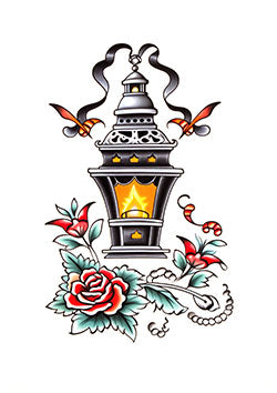 Tattoo template of an ornate lantern glowing with roses around it