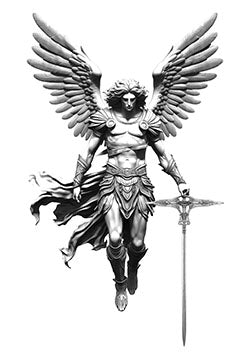 Tattoo template of a winged warrior angel with armor, holding a sword