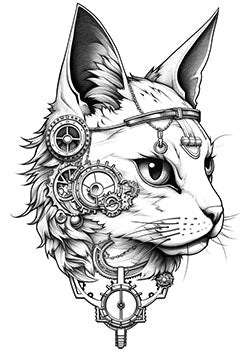 Tattoo template of a steampunk cat head with gears and machinery