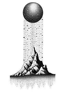 Tattoo template of a celestial sphere over a mountain peak with stardust effect.