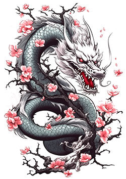 Tattoo template of a dragon with cherry blossoms