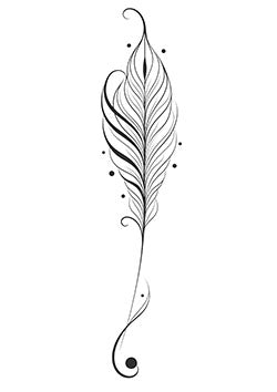 Tattoo template of a detailed and elongated feather with delicate dot accents