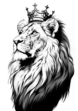 Tattoo template of a lion with a crown signifying royalty and strength